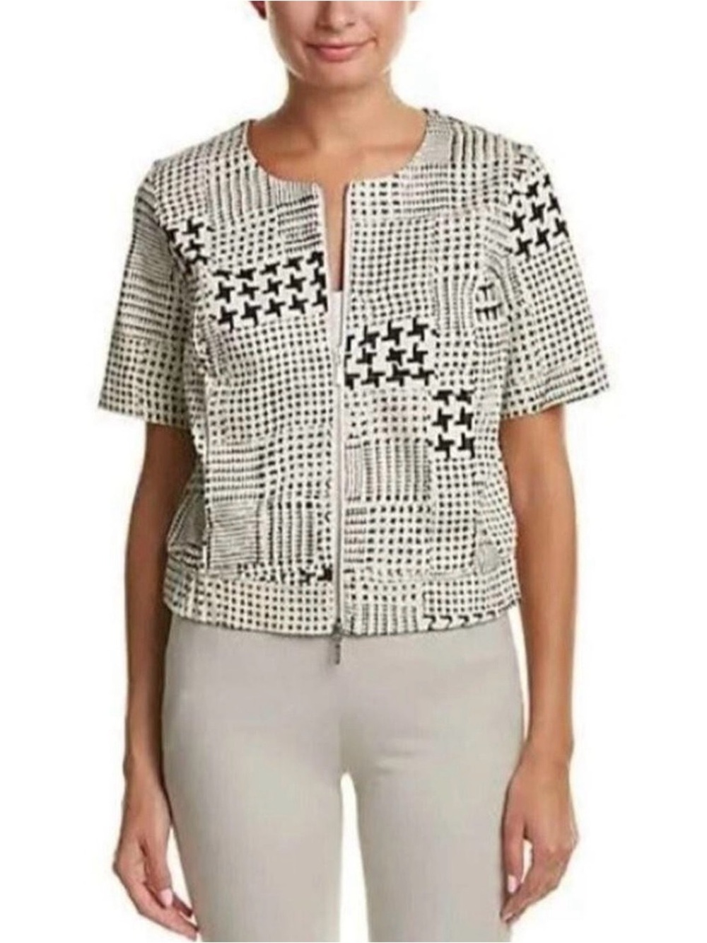 CAbi Black & Cream Geometric Zip-Front Short Sleeve Jacket / Top Sz L